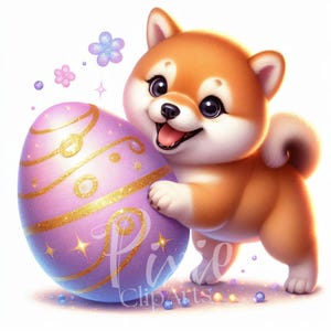 Clipart chiot de Pâques | Shiba Inu printanier ludique | Lot de 10 JPG 300 ppp de haute qualité, clipart imprimable | Sublimation | Revue