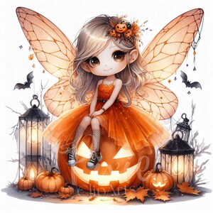 Clipart de hadas de Halloween / Juego de 10 JPG de alta calidad de 300 DPI, Jack-o-lantern iluminado por la luna para álbumes de recortes, diarios basura de fantasía, manualidades de papel,