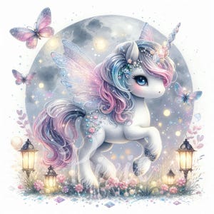 Clipart Licorne fée magique | Lot de 8 JPEG haute qualité 300 ppp, licorne féerique au clair de lune ludique pour scrapbooking, journal, travaux manuels en papier