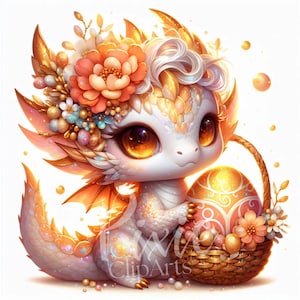 Ostern Baby Drachen Clipart | Ostern Golden Chibi Dragon Clipart | Set mit 8 hochwertigen 300DPI JPEG, Printable Clipart | Frühlingsdrache