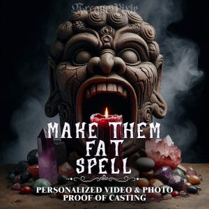 Könnte beinhalten: Ein Bild mit einem Steinkopf mit offenem Mund, einer brennenden roten Kerze und dem Text "MAKE THEM FAT SPELL". Verschiedene Kristalle und Steine umgeben die Kerze. Der Text "PERSONALIZED VIDEO & PHOTO PROOF OF CASTING" ist ebenfalls enthalten.
