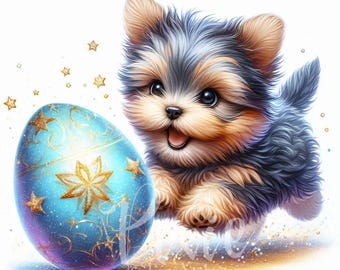Easter Puppy Clipart | Playful Spring Yorkshire Terrier | Set of 10 High Quality 300DPI JPG, Printable Clipart| Sublimation | Journal