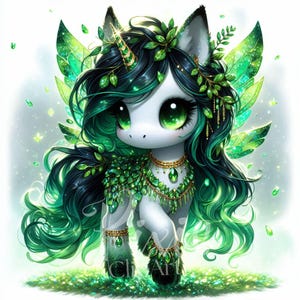 Clipart Licorne fée magique | Lot de 10 JPEG haute qualité 300 ppp, licorne féerique gardienne émeraude pour album, journal, travaux manuels en papier