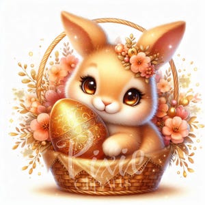 Lapin doré de Pâques printemps, fantastique lapin de Pâques panier Clipart ensemble - 8 fichiers JPG imprimables de haute qualité pour sublimation, téléchargement numérique