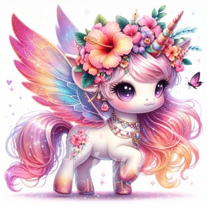 Clipart di unicorno fata floreale estiva / Set di 10 JPEG di alta qualità 300 DPI JPG, unicorno floreale tropicale per album, diario, artigianato di carta