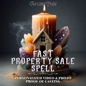 Może przedstawiać: Płonąca pomarańczowa świeca, otoczona kryształami i małą figurką domu. Obraz zawiera tekst "FAST PROPERTY SALE SPELL" w ozdobnej czcionce. Ogólna estetyka sugeruje mistyczny lub duchowy motyw.
