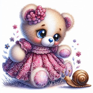 Clipart lunatique ours en peluche | Lot de 10 fichiers JPG 300 ppp de haute qualité, ours en peluche sur la piste des escargots pour albums de scrapbooking, journal indésirable, travaux manuels en papier