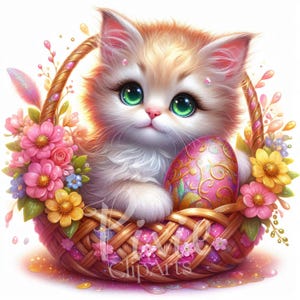 Clipart chaton de Pâques | Clipart floral printemps chat | Lot de 8 | JPEG haute qualité 300 ppp | Clipart imprimable | Sublimation | Chat printanier
