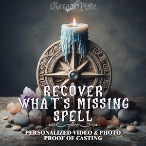 May include: A lit blue candle with wax drips sits atop a compass rose design. The image includes the text "RECOVER WHAT'S MISSING SPELL" and "PERSONALIZED VIDEO & PHOTO PROOF OF CASTING". Various crystals and stones are scattered around the base.