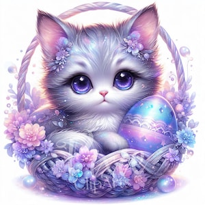 Clipart chaton de Pâques | Clipart chaton printemps crépuscule | Lot de 8 JPEG 300 ppp haute qualité, clipart imprimable | Sublimation | Chat printanier