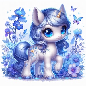 Magisches Blaues Einhorn Clipart, süßes Fantasy Einhorn mit Blumen und Schmetterlingen, Set von 8 JPG High Quality Printable Clipart Sublimation - U130