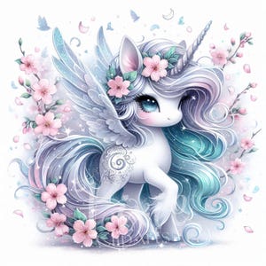 Clipart Licorne fée magique | Lot de 8 JPEG haute qualité 300 ppp, licorne féerique en fleurs de cerisier pour album, journal, travaux manuels en papier