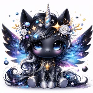 Clipart di unicorno fata nera magica / Set di 10 JPEG 300DPI di alta qualità, unicorno nero stellato per album, diario spazzatura, artigianato di carta