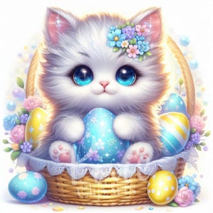 Clipart chaton de Pâques | Clipart chaton brise printanière | Lot de 8 JPEG 300 ppp haute qualité, clipart imprimable | Sublimation | Chat printanier