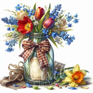 Frühlingsblumen Clipart | Set mit 10 hochwertigen 300-DPI-JPG, lebendige Tulpen und Glockenblumen in einem Glas für Scrapbook, Junk Journal, Paper Craft