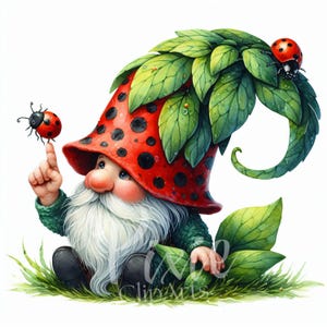 Clipart gnomo primaverile / Set di 10 JPEG 300DPI di alta qualità / Clipart gnomo giardiniere amante delle coccinelle per album, diario di spazzatura, lavori di carta