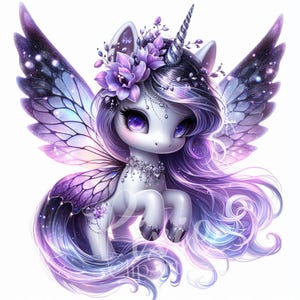 Feenhaftes Einhorn Clipart | Set von 10 JPEG High Quality 300DPI JPEG, Twilight Orchid Floral Unicorn für Scrapbook, Journal, Papierhandwerk