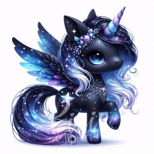 Imágenes prediseñadas de unicornio negro mágico / Juego de 10 imágenes JPG de alta calidad de 300 DPI, unicornio negro de ensueño celestial para álbumes de recortes, diarios y manualidades de papel