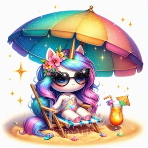 Clipart licorne d'été | Ensemble de 8 JPG haute qualité 300 DPI JPEG, licorne de plage d'été kawaii pour scrapbooking, journal, créations en papier