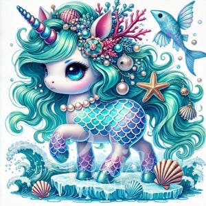 Clipart licorne sirène, licorne kawaii sur le thème de l'océan, poney de mer fantastique, lot de 8 Clipart imprimable haute qualité JPEG - U130