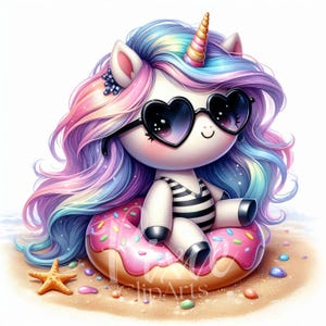 Clipart licorne d'été | Ensemble de 8 JPG haute qualité 300 DPI JPEG, licorne de plage d'été kawaii pour scrapbooking, journal, créations en papier
