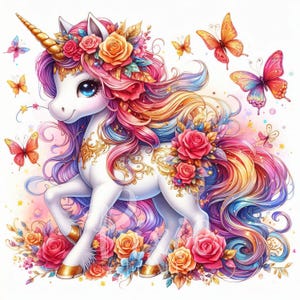 Licorne florale de couronne, clipart magique de licorne avec des papillons floraux de couronne lot de 8 sublimation des cliparts imprimables de haute qualité - U130