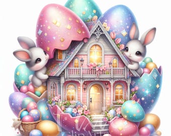 Easter Bunny House Clipart | Set of 8 JPEG High Quality 300DPI JPEG, Easter Bunny House for Scrapbook, Junk Journal, Paper Crafts