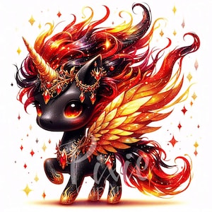 Magische zwarte fee eenhoorn clipart | Set van 10 hoogwaardige 300 DPI JPG, Fire of Phoenix Black Unicorn voor plakboek, dagboek, papierkunst