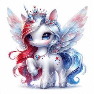 4th of July Unicorn Clipart | Set of 10 High Quality 300 DPI JPG Patriotic Magical Fairy Unicorn for Scrapbook, Jun Journal, Paper Craft