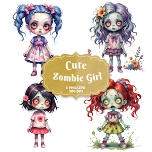 4 かわいいゾンビガールシーズン PNG、ゾンビハロウィーンクリップアート、秋の昇華デザイン、DTF 転写デザイン、タンブラーラップ、ステッカー、マグカップパート 2