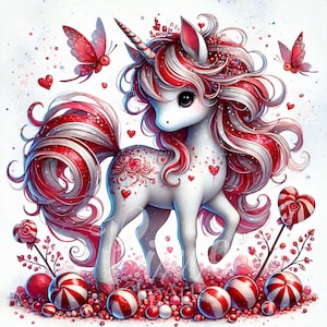 Ensemble de 8 cliparts licorne rouge blanc, licorne rouge blanc, licorne papillon rouge, sublimation de haute qualité JPG - U2325