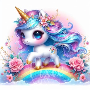Unicornio juguetón arcoíris, unicornio rojo y blanco, unicornio sobre un arcoíris, juego de 8 imágenes prediseñadas de sublimación imprimibles de alta calidad en formato JPG - U2625