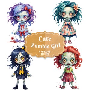 4 かわいいゾンビガールシーズン PNG、ゾンビハロウィーンクリップアート、秋の昇華デザイン、DTF 転写デザイン、タンブラーラップ、ステッカー、マグカップ パート 1