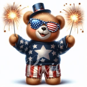 Clipart Nounours patriotique du 4 juillet | Célébration des ours en peluche | Lot de 10 JPEG 300 ppp haute qualité, clipart imprimable | Sublimation | Revue