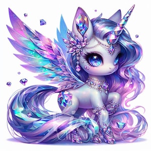 Clipart di unicorno fata magica / Set di 10 JPG 300DPI di alta qualità, unicorno guardiano di cristallo per album, diario, artigianato di carta, sublimazione