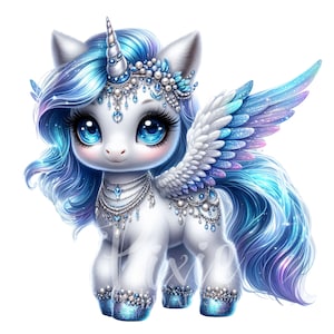 Clipart magique licorne bleu bébé, licorne mignonne avec crinière bleue, lot de 8 PNG Transparent haute qualité Clipart imprimable par sublimation - U130
