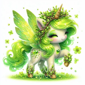 Clipart Licorne fée magique | Lot de 10 JPEG haute qualité 300 ppp, licorne féerique péridot des prés pour scrapbooking, journal, travaux manuels en papier