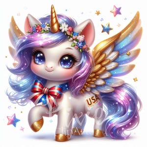 4th of July Unicorn Clipart | Set of 10 High Quality 300 DPI JPG Patriotic Celebration Fairy Unicorn for Scrapbook, Jun Journal, Paper Craft