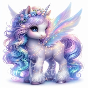 Ensemble de 8 cliparts licorne féerique magique, ailes scintillantes et licorne couronne florale, conception par sublimation JPEG haute qualité - U129
