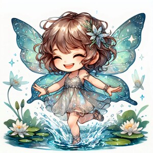 Chibi Fairy Clipart | Set of 10 High Quality 300DPI JPG, Sparkling Stream Fairy Joyful for Scrapbook, Fantasy Junk Journal, Paper Crafts