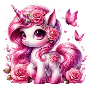 Adorable clipart licorne rose avec roses et papillons, lot de 8 Clipart imprimable PNG transparents de haute qualité par sublimation - U130