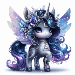 Clipart licorne féerique magique | Ensemble de 10 haute qualité 300DPI JPG, licorne gardienne de la lune éthérée pour album, journal, créations en papier