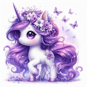 Lila Einhorn Clipart, Fantasy Pony, Blumenkrone & Glitzerhufe, Set mit 8 JPEG High Quality Printable Clipart Sublimation - U130
