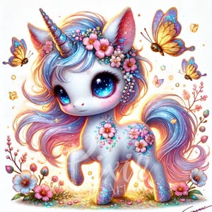 Fleur de printemps Licorne 4 Clipart | Lot de 8 cliparts aquarelle haute qualité 300 DPI JPG Licorne printanière, papillon et licorne - U2525