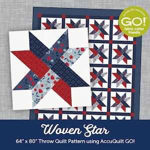 Peut inclure: Patron de courtepointe Woven Star utilisant la découpeuse de tissu AccuQuilt GO!. Le motif présente un design d'étoile rouge, blanche et bleue avec un imprimé floral. La courtepointe mesure 162,5 cm sur 203,2 cm.