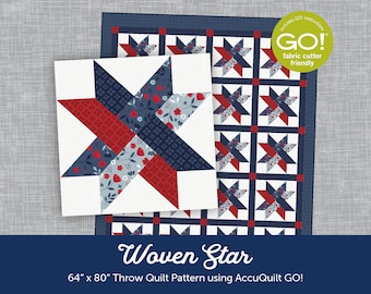 May include: Woven Star quilt pattern using AccuQuilt GO! fabric cutter. The pattern features a red, white, and blue star design with a floral print. The quilt is 64 inches by 80 inches.