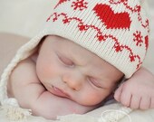 White and Red Knit Hat -  Baby Hat with Earflaps and Ties Scandinavian Red Hearts Organic Natural Cotton