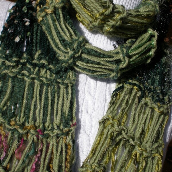 Seaweed Hand Knit Scarf Sage Olive and Forest Green Body Decor with Abundant Texture FREE SHIPPING