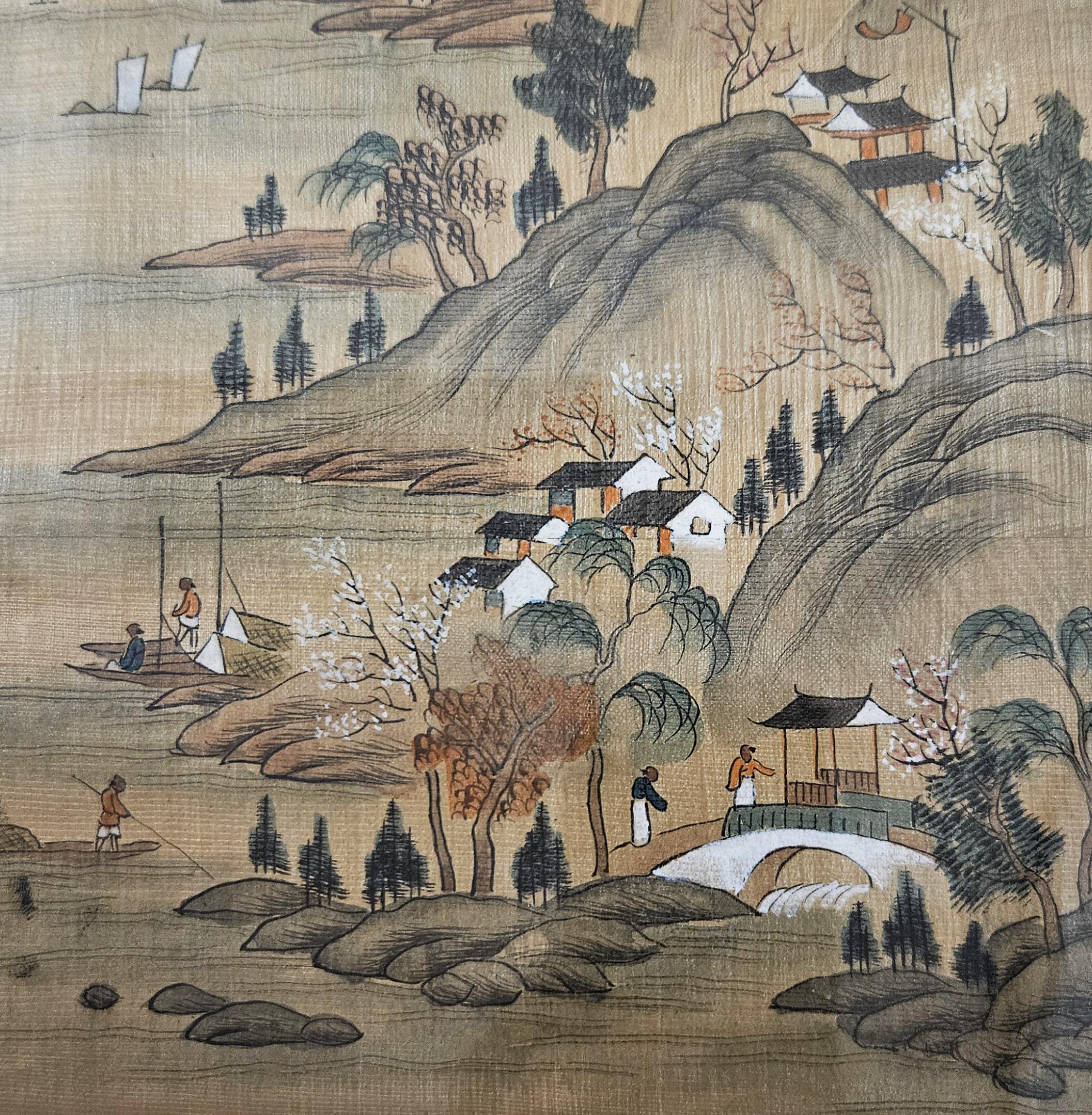 CYF-ヴィンテージ手描き中国シルク風景画 | 額入り山の風景 | 1950年代