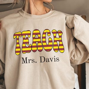 Halloween Teacher Sweatshirt Back To School, Back To School Striped TEACH Teacher Name Crewneck, Cozy Fall Teacher Pullover Teacher Gift
